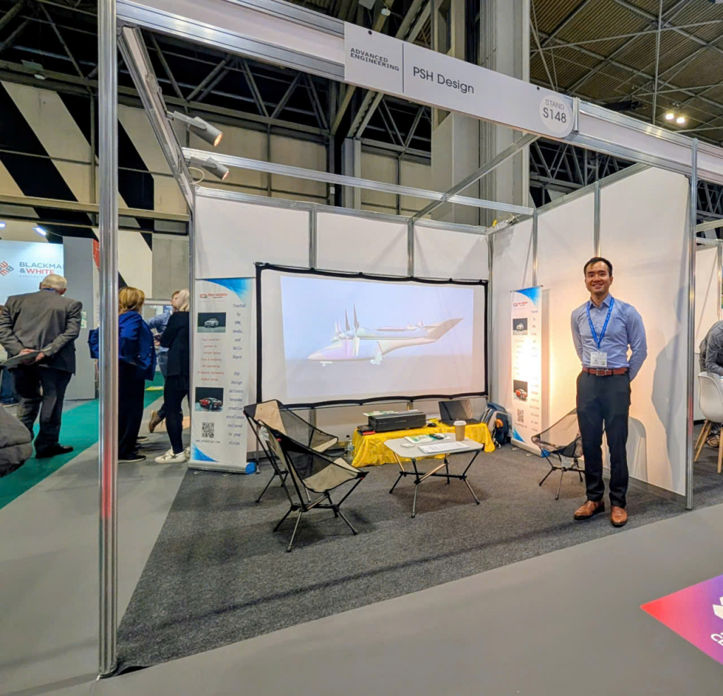 z7169252548504_0ba05ccaaf88516636dba92af9a7ce57 | PSH Design PSH Design exhibition stand S148 at Advanced Engineering 2025, NEC Birmingham, United Kingdom, with an eVTOL aircraft surface model shown on the stand screen