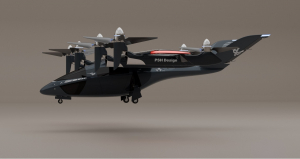 Side view of a black futuristic VTOL aircraft with multiple rotor pods and a PSH Design logo on the fuselage, landing gear extended against a neutral background.