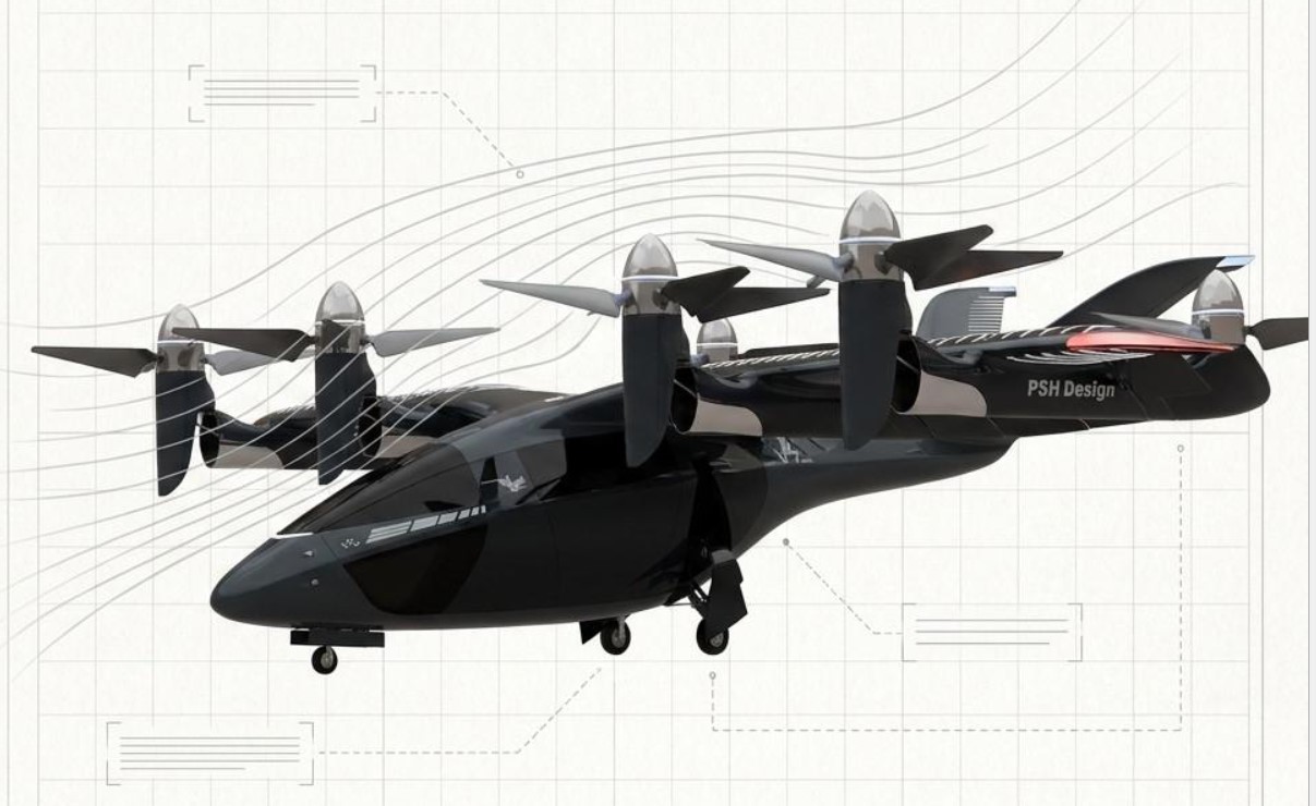 word-image-5907-2 | PSH Design Black six‑propeller aircraft/drone with a sleek nose, PSH Design, shown against a blueprint-style background.