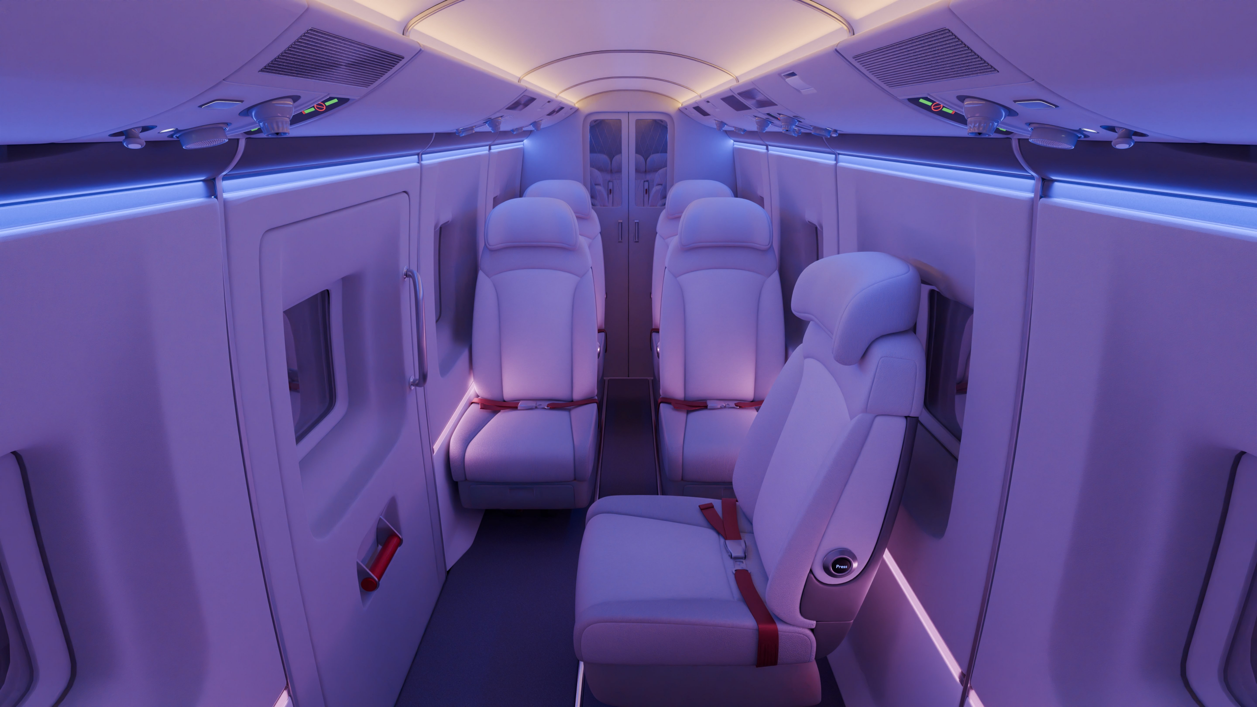 word-image-5907-3 | PSH Design Interior of a modern private jet cabin with light-gray seats, purple ambient lighting, and overhead panels along the ceiling.”,