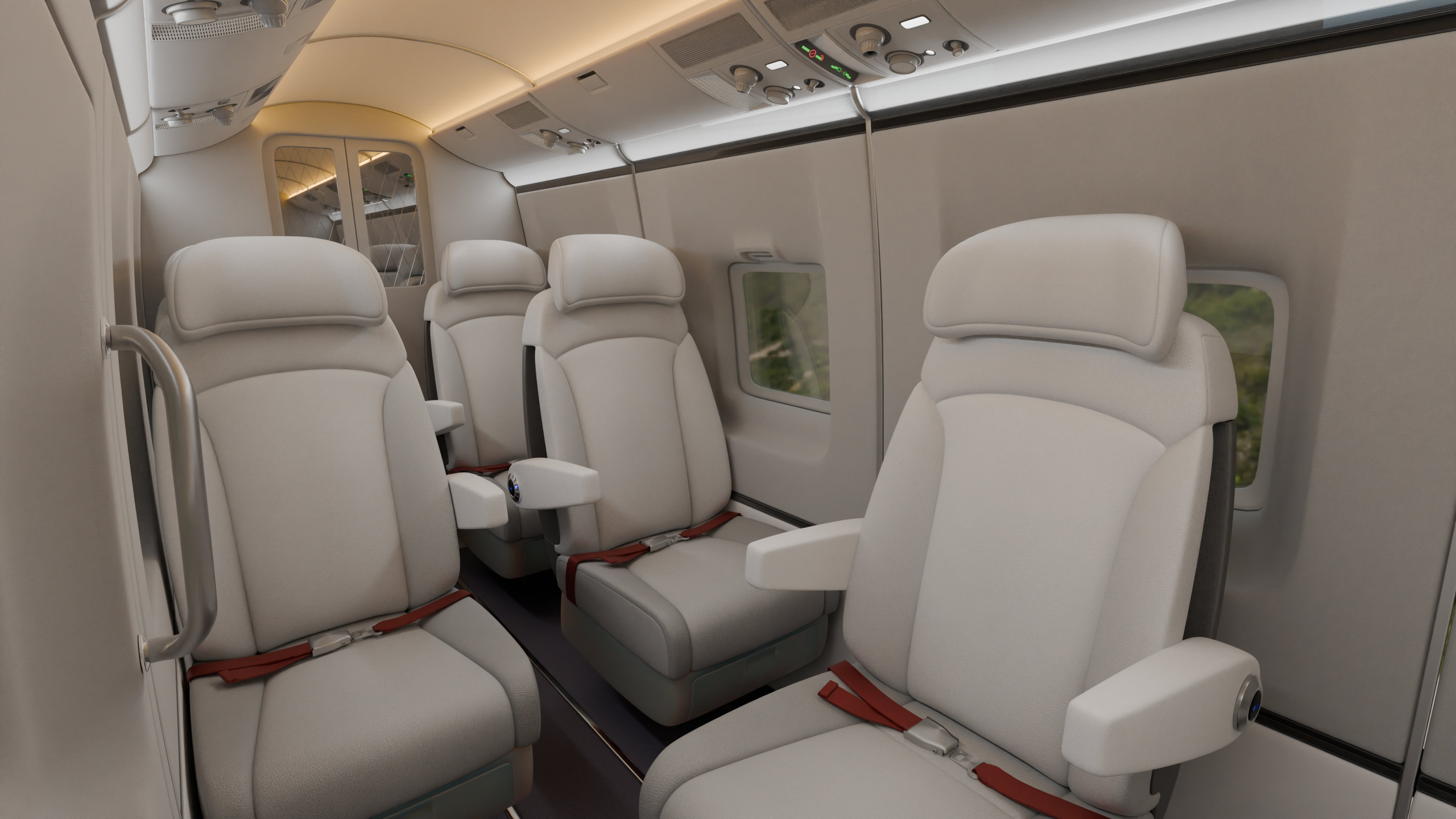 word-image-5907-4 | PSH Design Interior of a modern passenger jet cabin showing rows of light-gray, cushioned seats with red seatbelts and window views along the side; soft overhead lighting.