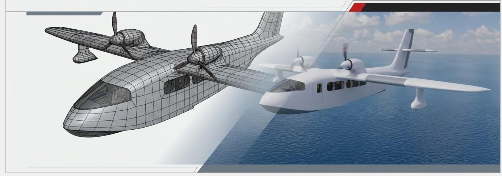 word-image-5907-5 | PSH Design Amphibious twin-engine aircraft in transition from wireframe to textured render over the ocean surface.