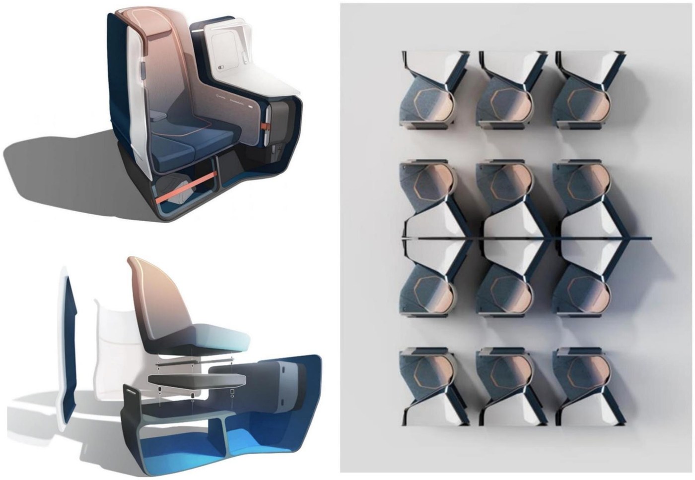 Aircraft seat concept design by PSH Design: exploded views of the seat structure and a three-by-three layout study showing how the seat packs down a cabin
