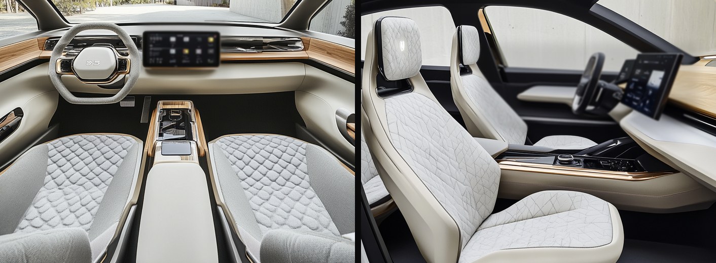 Automotive cockpit interior concept studies by PSH Design: a full-width instrument panel, centre console and seats read as one coordinated module, and a side view showing seat, console and display surfaces