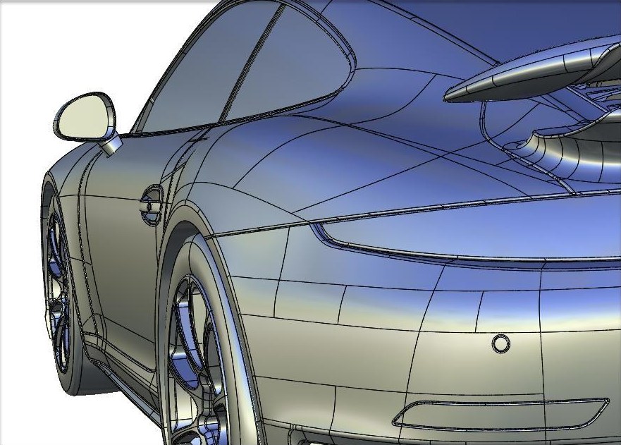 Class A surface patch layout across a sports car bodyside, with curvature continuity carried through the shoulder and door