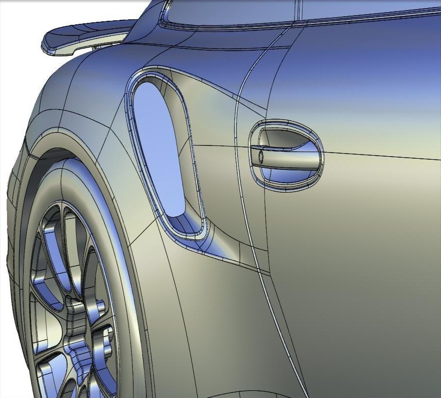Class A surfacing detail showing patch boundaries and G2 continuity around a rear air intake and door handle