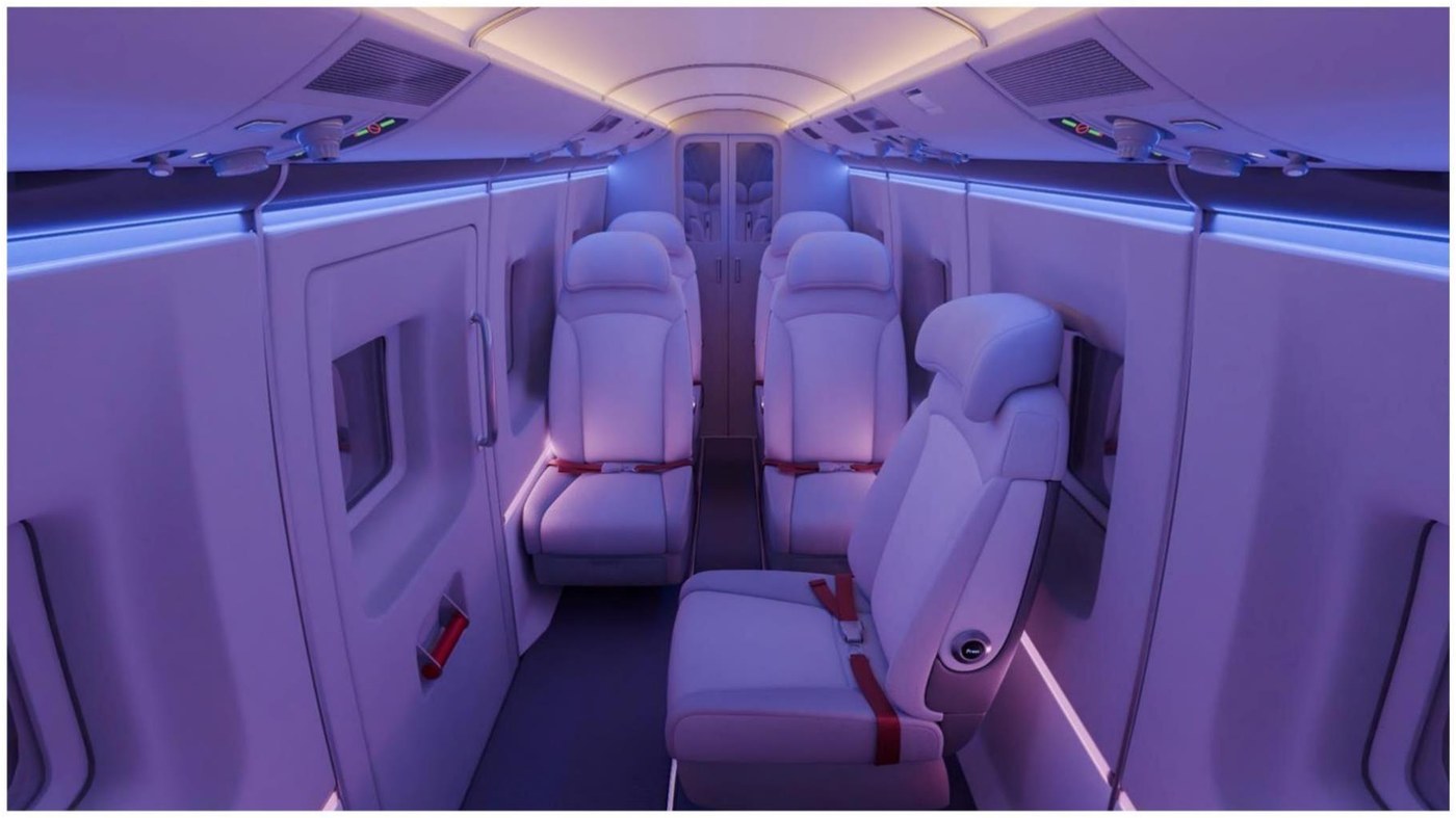 Electric seaplane cabin interior concept by PSH Design with ambient lighting, showing seats, sidewall and window surrounds