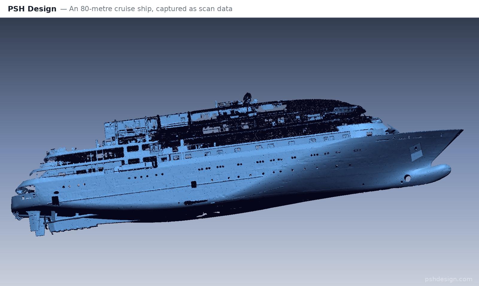 psh-design-80m-ship-point-cloud | PSH Design Side view of an 80-metre cruise ship captured as 3D scan data before reverse engineering by PSH Design