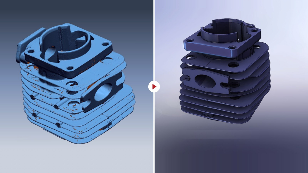 Engine cylinder: scan to CAD | PSH Design Split image of a stacked blue engine cylinder block: left weathered with rust, right clean and polished, gradient background.