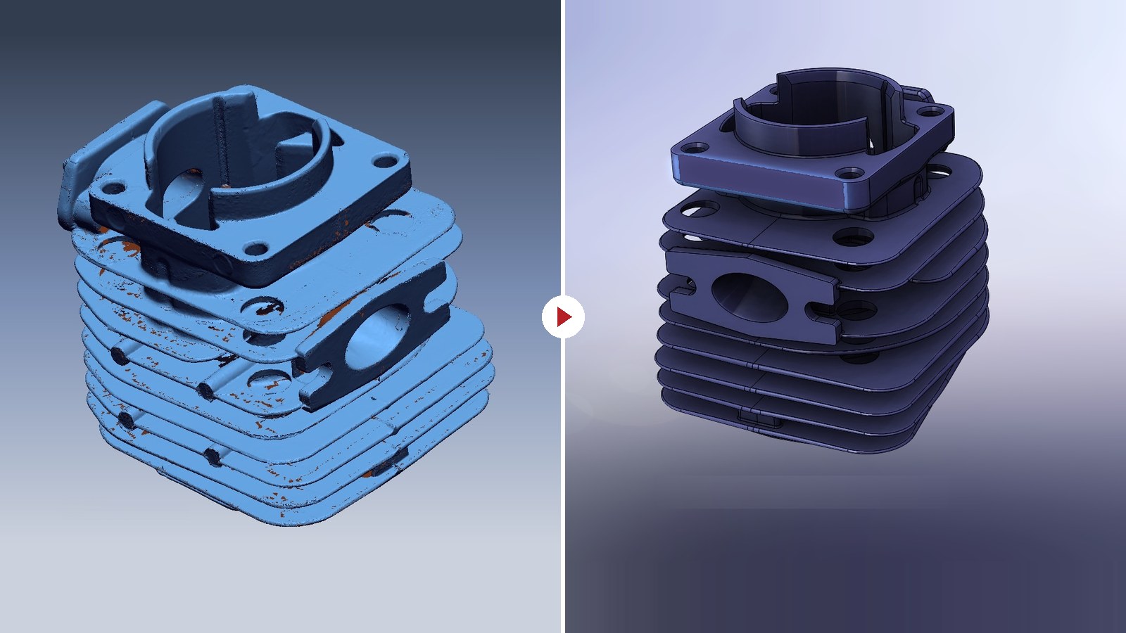 Engine cylinder: scan to CAD | PSH Design Split image of a stacked blue engine cylinder block: left weathered with rust, right clean and polished, gradient background.
