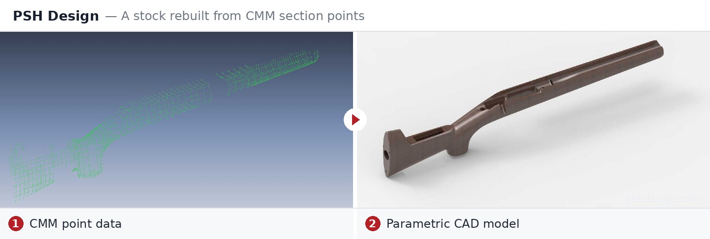 CMM section points to parametric CAD model — PSH Design | PSH Design A rifle stock captured only as CMM section points, and the parametric CAD model PSH Design built from those points