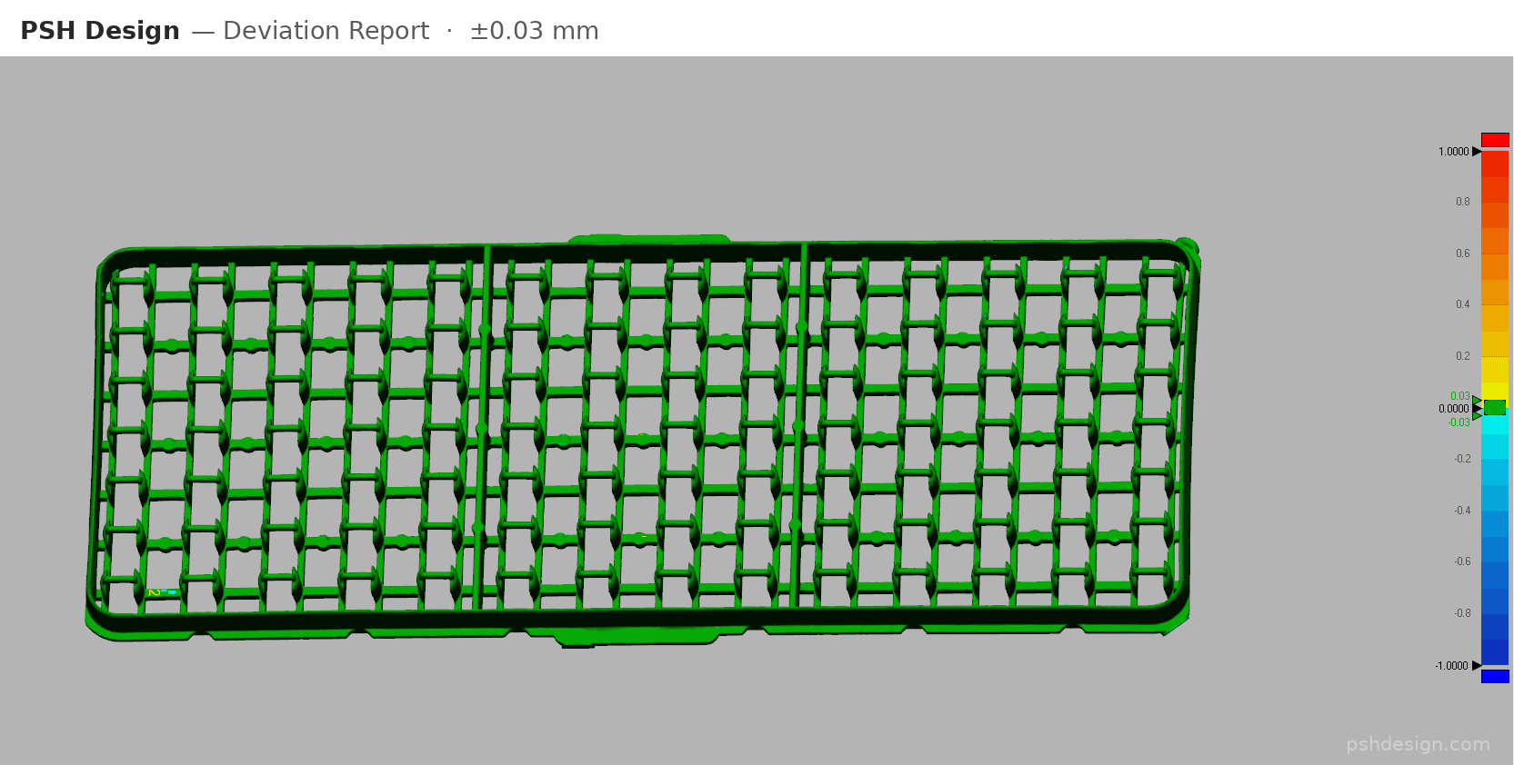 Deviation report of a plastic tray rebuilt by PSH Design as as-built NURBS, checked against a ±0.03 mm band.