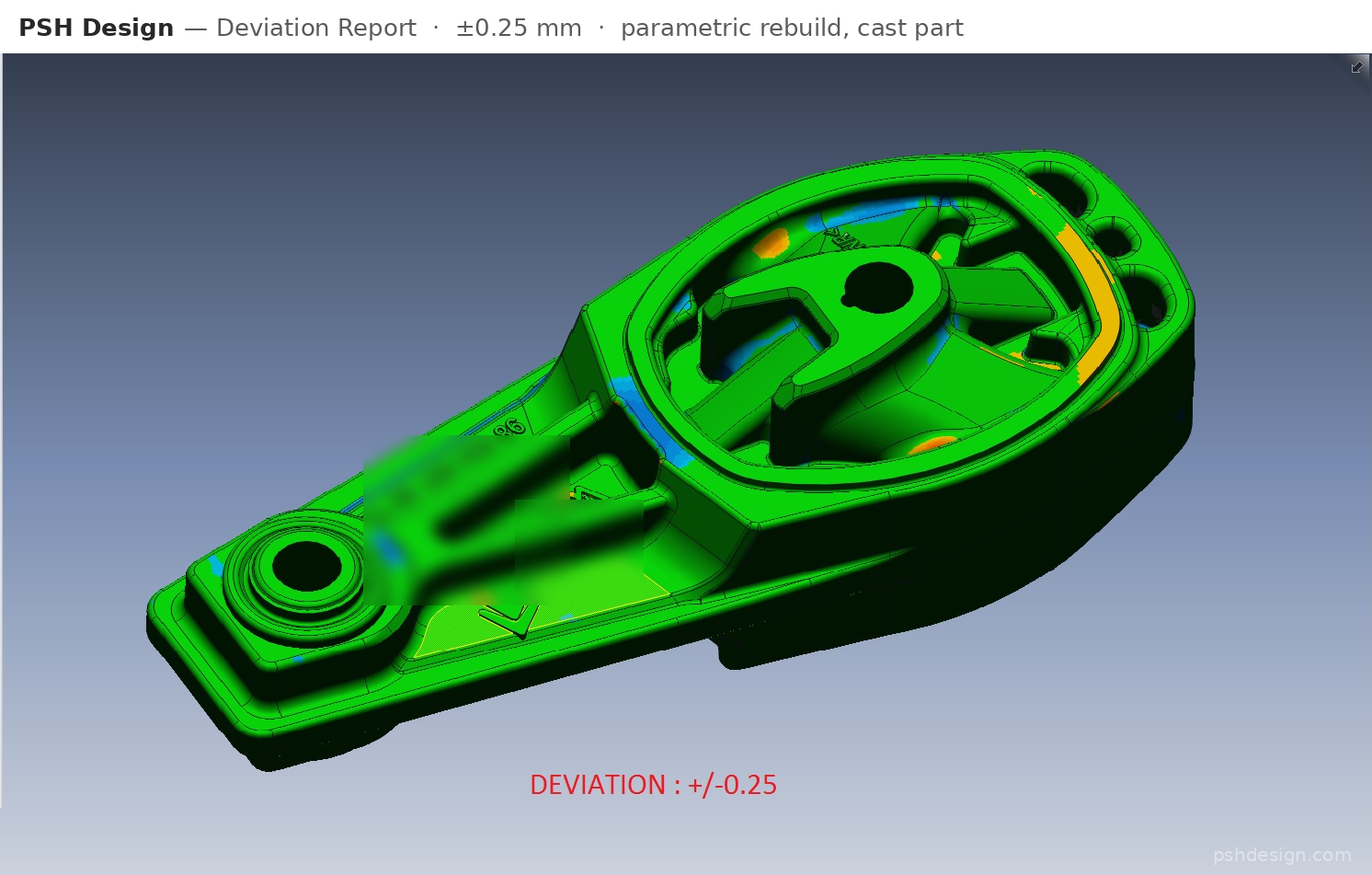 Deviation report of a cast part rebuilt by PSH Design as a parametric model, checked at ±0.25 mm.