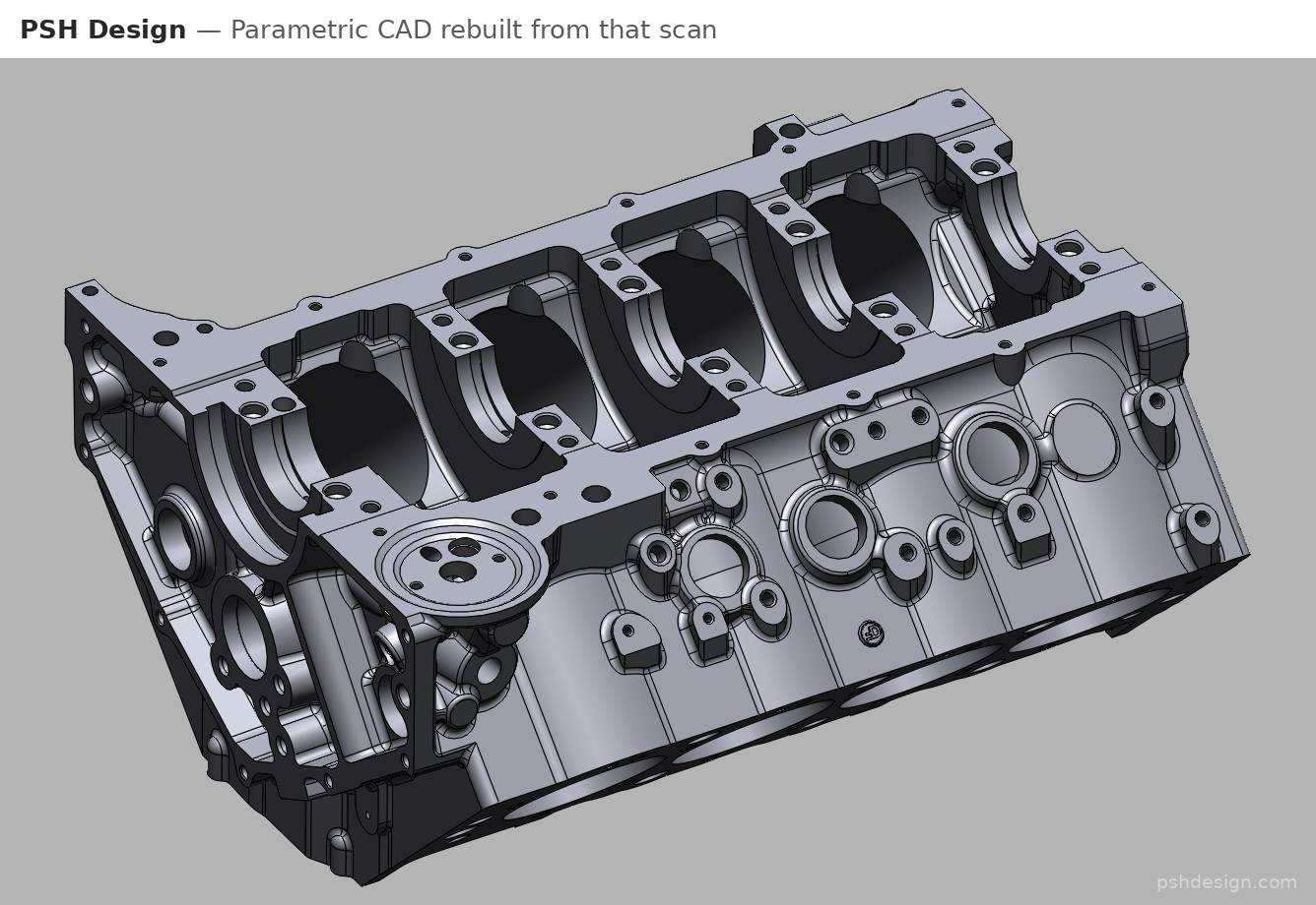 psh-design-engine-block-parametric-cad-rebuild | PSH Design 3D CAD model of a multi-cylinder engine block showing bore cavities and mounting features in isometric view, gray finish.