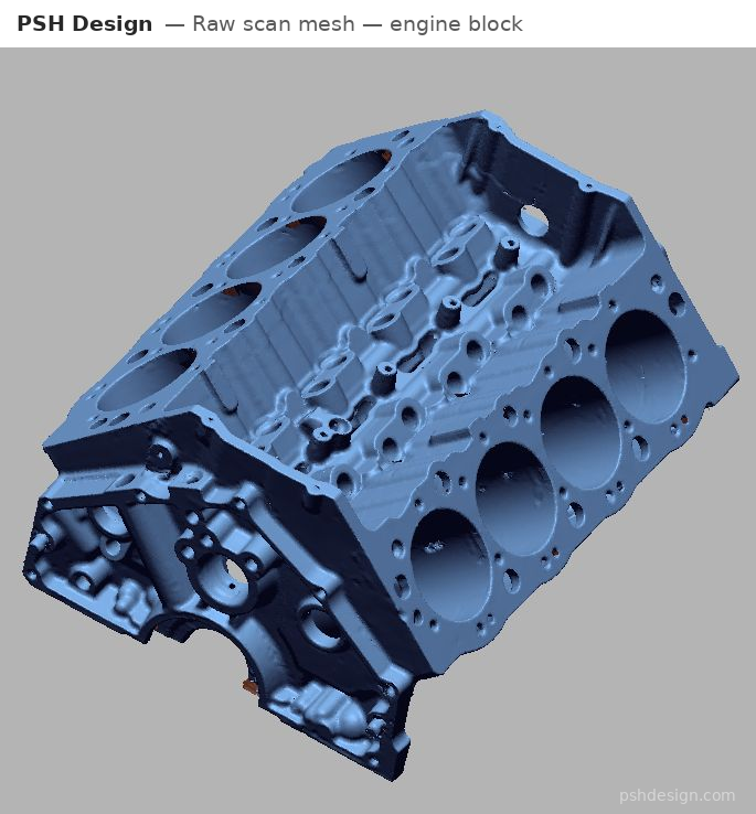 Raw triangle mesh of the scanned engine block, before any CAD reconstruction by PSH Design.