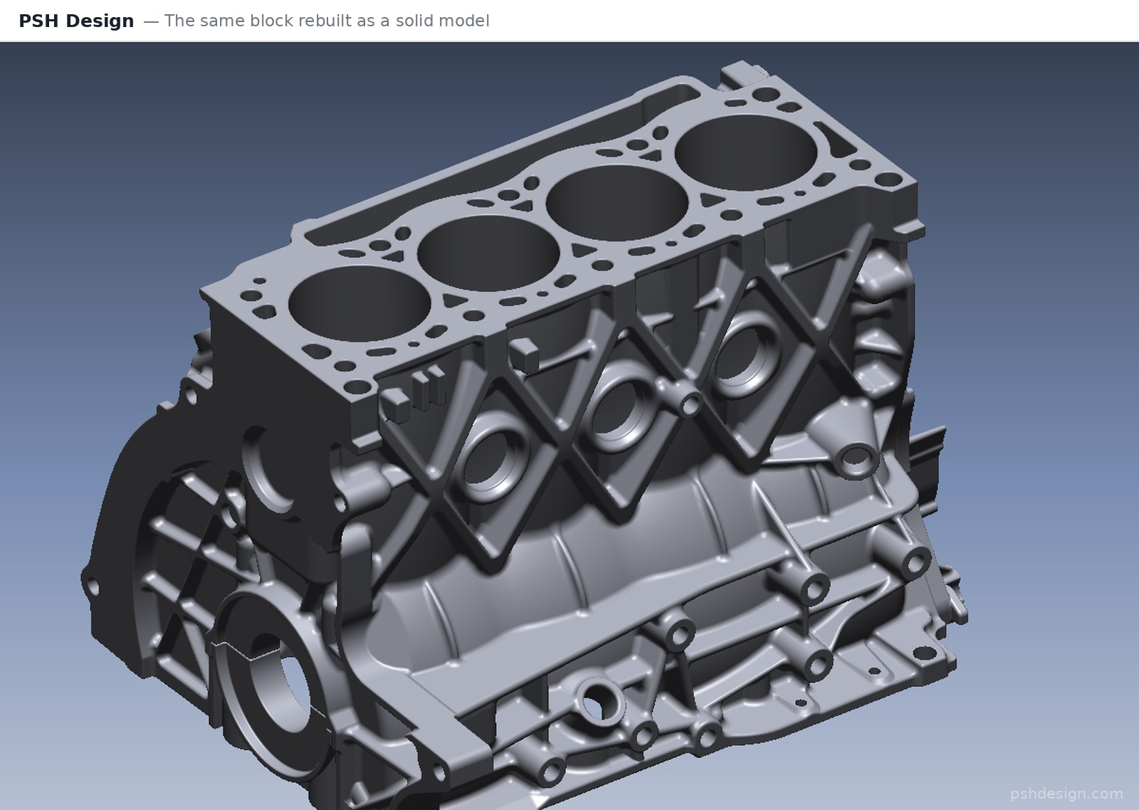 psh-design-engine-block-rebuilt-solid | PSH Design A large casting rebuilt by PSH Design as a solid CAD model with repeated ribs, bosses and fillets
