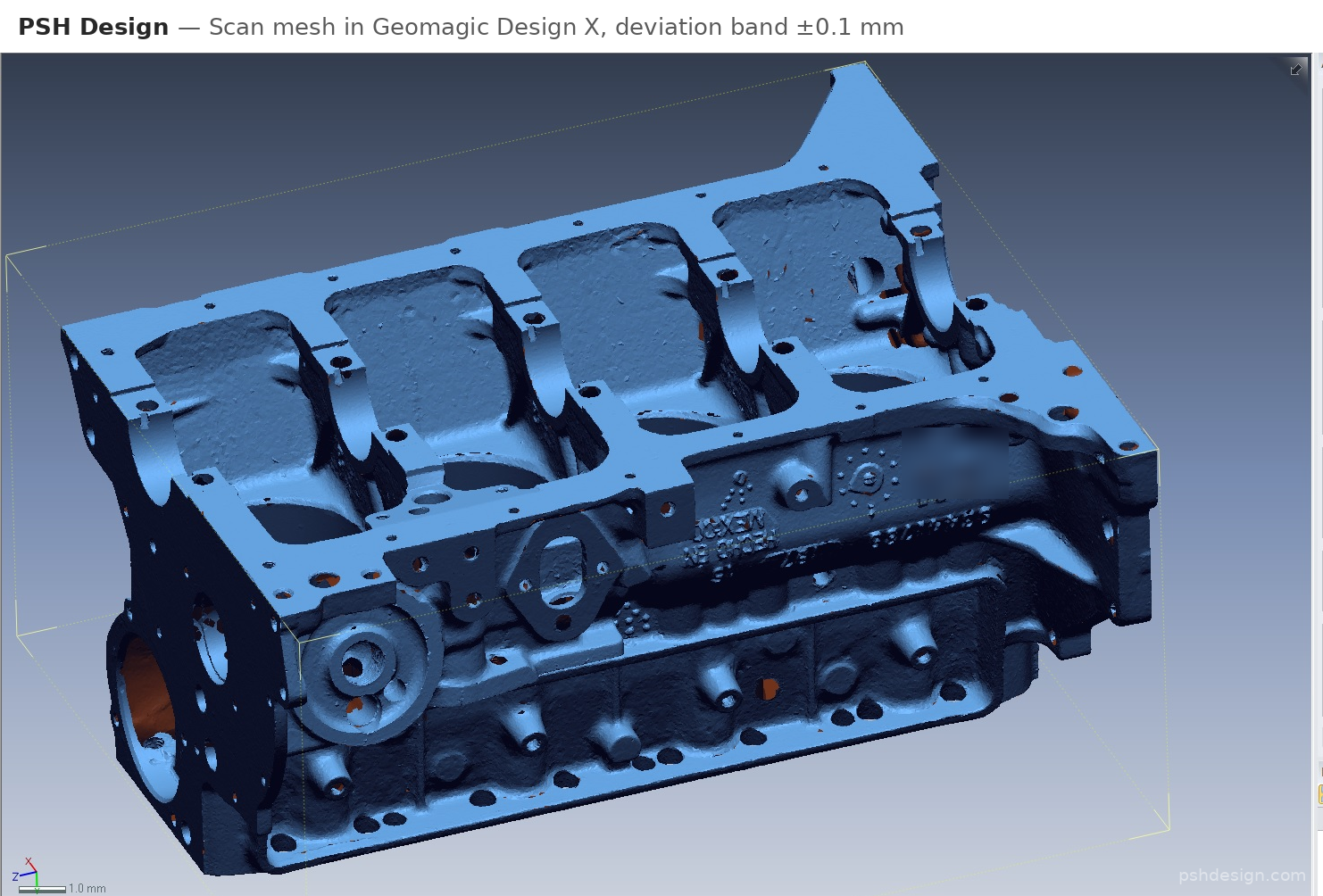 Scan mesh open in Geomagic Design X with the deviation band set to ±0.1 mm.