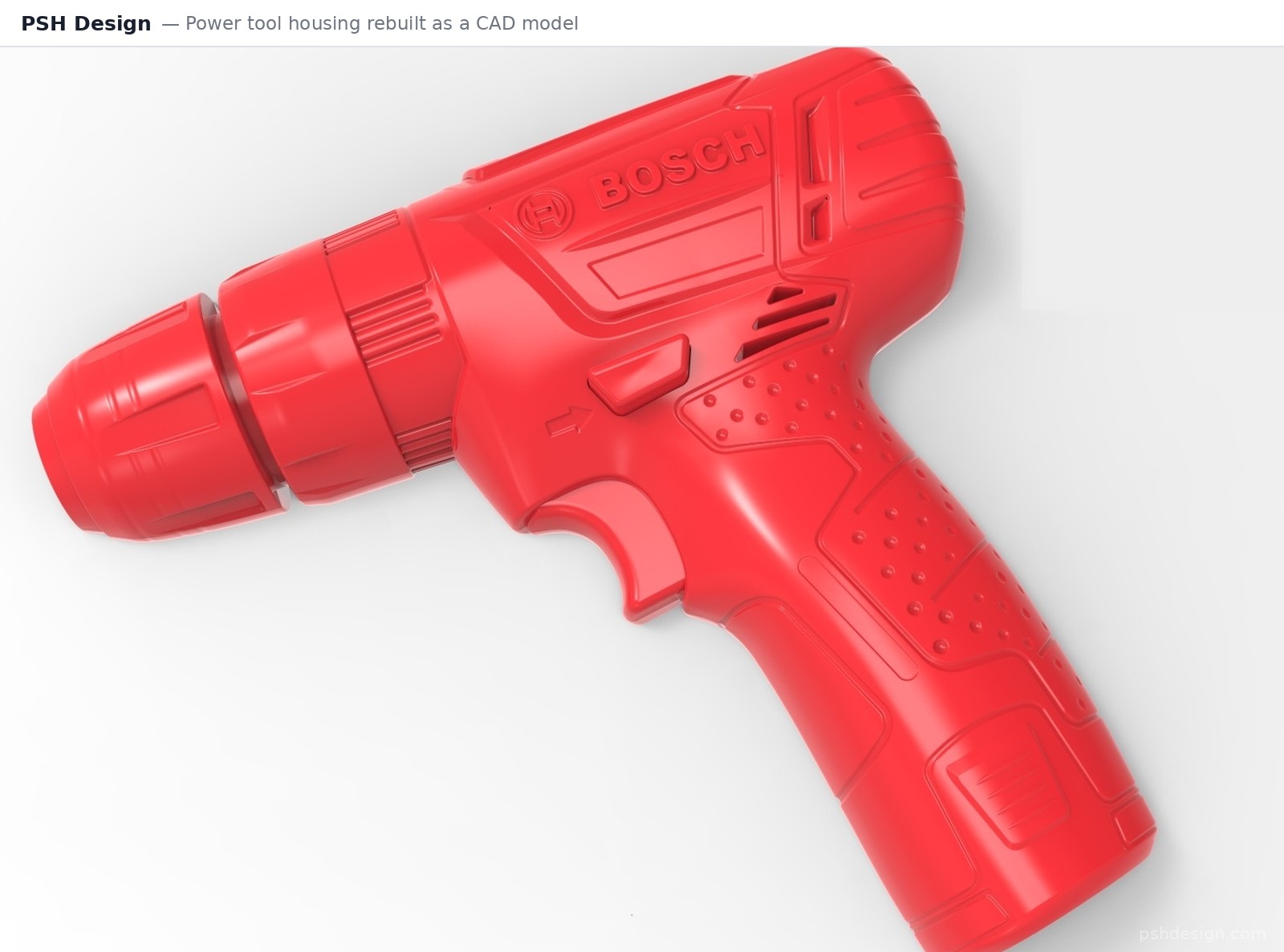psh-design-handheld-tool-rebuilt-cad | PSH Design Red Bosch cordless power drill housing shown in a CAD-style render, featuring grip and trigger