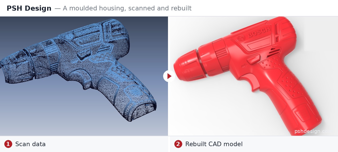 Dasselbe Gehäuse als Scan-Netz und als rückkonstruiertes CAD-Modell