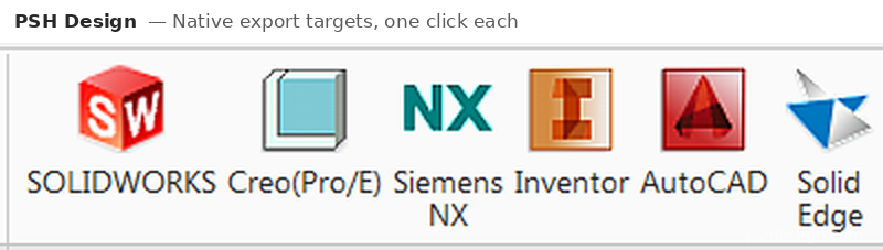 Native CAD export targets — SolidWorks, Creo, Siemens NX, Inventor, AutoCAD and Solid Edge.