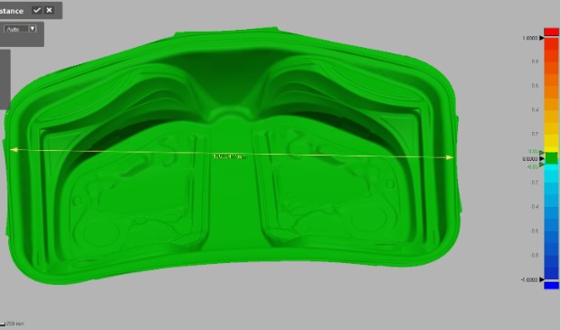 Cross-section deviation map comparing the rebuilt model against the customer scan data with the tolerance scale