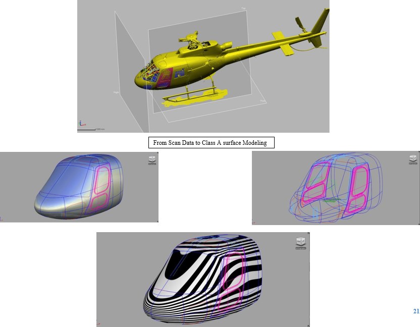 Helicopter cabin taken from scan data to a Class A surface, shown shaded, as patch structure and under zebra analysis